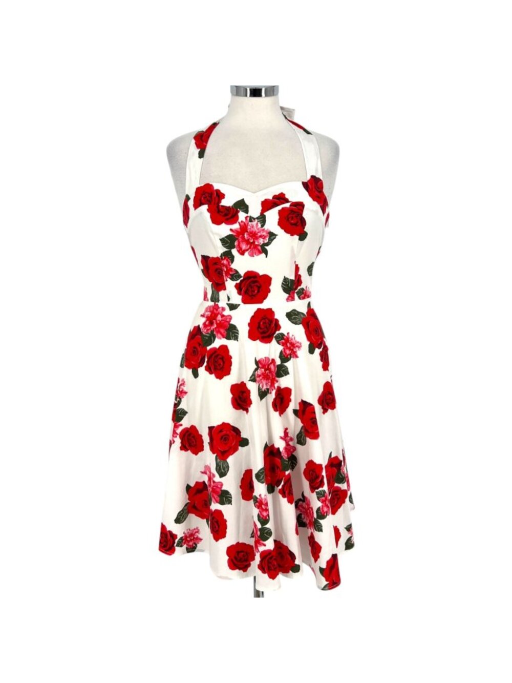 Top Dress Pin-up Retro 50s Rose Halter Swing Dress White Red Size Small